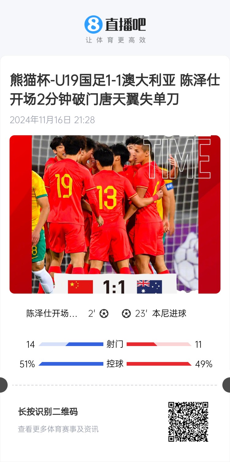 二番戰(zhàn)！U20國(guó)青與澳大利亞去年熊貓杯剛有過(guò)交手，雙方1-1戰(zhàn)平
