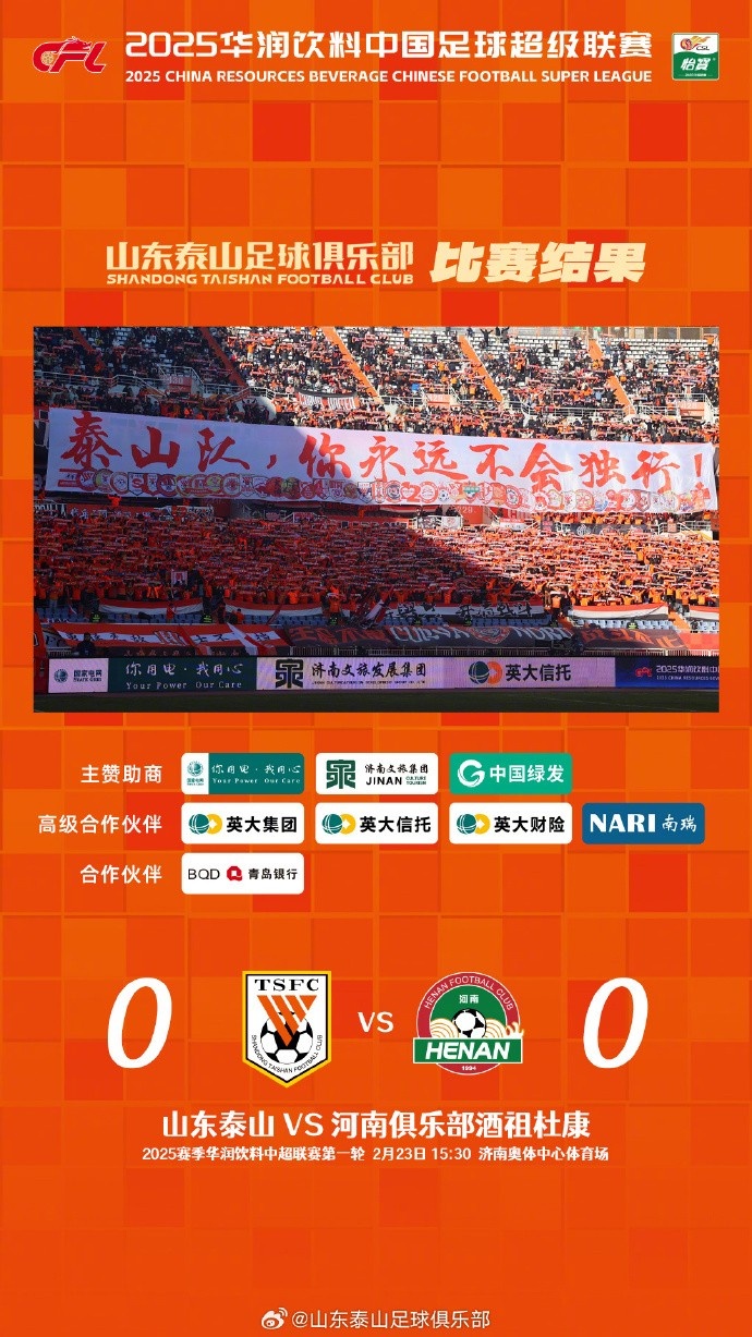 中超首戰(zhàn)，泰山隊(duì)雖未取勝，但全隊(duì)展現(xiàn)出了頑強(qiáng)的拼搏精神